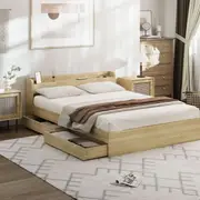 Oikiture Wooden Bed Frame Queen Size with Charging Ports & 2 Drawers