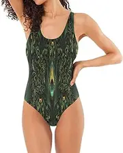 [Joisal] Teddy Bear Heart Balloon Swimsuits Women One Piece, Peacock Feather Green, Medium