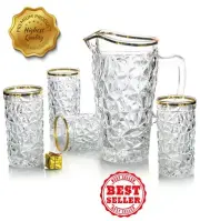 Glass Pitcher Set With Golden Lines,47 Oz Pitcher, 11 Oz Glass 7 Pieces