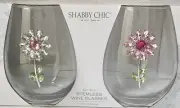 New 2-PC Set Shabby Chic Stemless Wine Glasses Pink Flower Design (19 OZ)