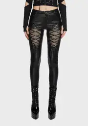 [Devil Fashion] Gothic Fishnet Skinny Vegan Leather Pants