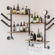 FIN Vintage Pipe Wine Rack Floating Wall Mounted Liquor Hanging Shelf w Glass Holder