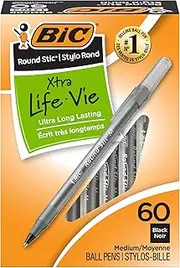 BIC Round Stic Xtra Life Ball Pen, Medium Point (1.0 mm), Black, 60-Count