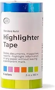 LEE Highlighter Tape Refill #13189 – 6-Pack, Removable & Repositionable Color-Coded Tape for Reading, Studying & Note-Taking