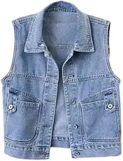[OFFSUM] Women'S Denim Vest - Spring Summer Lapel Denim Vest Korean Style Sleeveless Front Button Loose Solid Color Large Size Outdoor Jacket Top