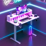 Advwin Electric Standing Desk LED RGB Lights & Power Outlets Computer Desk with Monitor Stand White