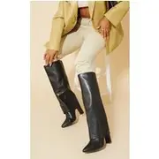 Black Wide Fit Pu Pointed Fold Over Block Heel Knee Boots, Black