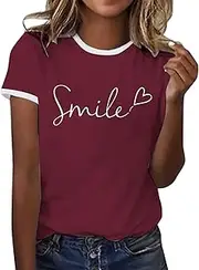 [Generic] Color Block Short Sleeve Tops for Women Smil Print Trendy Summer Tee Casual Round Neck Lightweight Daily Wear Tops
