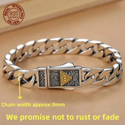 Men 9MM Solid 925 Sterling Silver Eye of God Cuban Link Chain Bracelet 6.7"-9.5"