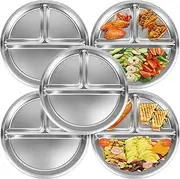 Alerrawia Set of 5 Plates, Portion Control Platter with 3-Compartment.Compartment, Unbreakable Dinner Plates, Divided Food Tray Stainless Steel Plate for Adults, Camping, Lunch and Dinner