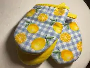 MARTHA STEWART MINI OVEN MITTS BLUE CHECK YELLOW LEMONS 100% COTTON NWT