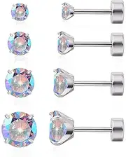 [limerencia] F136 Hypoallergenic Titanium Earrings 20G CZ Studs Set, Flat Back Earrings Cartilage Helix G23 Piercing Post of 4 Pairs 3-6mm Screw Back Earrings for Women Girls