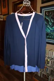 Talbots Navy Blue pink trim boyfriend style cardigan sweater XL NEW (bin119)