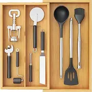Lifewit Utensil Drawer Organizer, Expendable Cooking Silverware Tray for Kitchen Drawer, Bamboo Adjustable Cutlery Flatware Holder, Spatula Tools and Gadgets Storage Divider, 3 Compartments, Natural