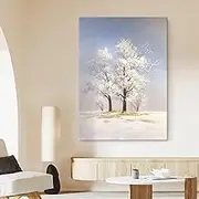 100% Hand Painted Oil Painting Artwork - Poplar Tree Snow Scene Sunrise Texture Canvas Wall Art,for Living Room Bedroom Home Decorations Wall Decor,As Shown,50 X 75 Cm(20''X30'')