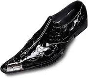 [Generic] Oxford for Men Formal Shoes Slip On StyleGenuine Leather Patent Leather Carving Metal Pointed Toe Low Top Flats Block Heel