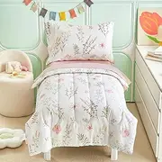 Joyreap 4 Piece Cotton Toddler Bedding Set for Girls, Pink Flowers Reversible Design, Soft Breathable Cotton Toddler Comforter Set