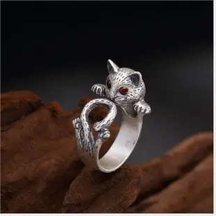 Real 990 Silver Fine Jewelry Handmade Engrave Girls Lovely Cat Opening Finger