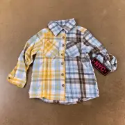 NYC Girls Size 5/6 Blue Plaid Flannel Long Roll Tab Sleeve Button Front Top NWT
