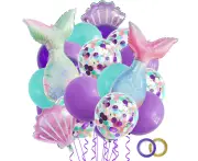 26pcs Mermaid Balloons with Latex Confetti Balloons, Light Pink Purple Blue Balloons and Ribbons for Birthday Party Decorations Unicorn Mermaid Party