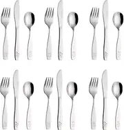 Exzact Childrens Cutlery Set 18pcs Stainless Steel Kids Cutlery/Toddler Utensils/Flatware - 6 x Forks, 6 x Safe Dinner Knives, 6 x Dinner Spoons - Engraved Dog Cat Bunny