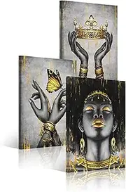 WELMECO Elegant African American Woman with Gold Crown Fashion Accessories Painting Giclee Prints Black Girl Canvas Poster Gallery Wrapped Artwork for Bedroom Living Room Makeup Room Decoration