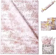 120 Sheets Brown Floral Tissue Paper Chinoiserie Gift Wrapping Paper Vintage Brown White Flowers Packaging Patterned Bulk for Baby Shower Wedding Birthday Party Decor, 14 x 20 Inch