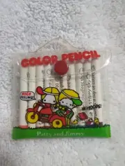 NEW 1977 Sanrio PATTY and JIMMY Clear Case and 10 Mini Colored Pencils Set