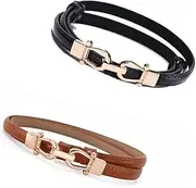 [Esforzarse] 2 Pcs Lady Waistband, Women Belt Thin Waist Belts, Women's Leather Skinny Belt Adjustable Thin Waist Belts, with Gold Alloy Buckle, for Shirt, Dresses(Camel, Black)