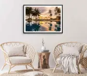 Palm Trees Resort Print, Sunset Sky Wall Art, Pool Framed Trees Wall Art,Natural