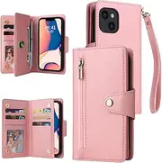 YocoverTech for iPhone 15 Case,for iPhone 15 Wallet Case[6 Card Slots and 1 Zipper Coin Pocket] PU Leather Stand Flip Cover with Wrist Strap[6.1 inch]-Pink