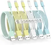 [Apple MFi Certified] 6Pack(3/3/6/6/6/10FT) iPhone Charger Fast Charging Long Lightning Cable iPhone Charger Cord Compatible iPhone14/13/12/11Pro Max/XS MAX/XR/XS/X/8/7Plus iPad AirPods-Multicolor