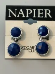 Napier Blue Faceted Acrylic Silver Tone Dangle Clip On Earrings