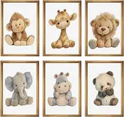 Baby Safari Animals Prints Set of 6 Safari Jungle Animal Nursery Wall Art Set, Cute Cartoon Animal Prints for Nursery, Giraffe, Elephant, Lion, Panda Wall Decor for Boys Girl Baby Room (Unframed)