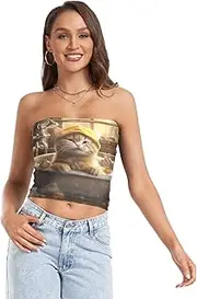 [RPLIFE] Cute Cat Summer Tops, Womens Strapless Top, Sheer Tube Tops, Sexy Tube Tops (S)