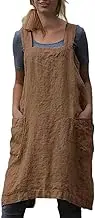 Cotton Linen Apron for women Cross Back Apron Pinafore Dress for Baking Cooking Gardening Work(Khaki,M)