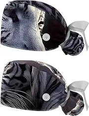 [YTYVAGT] 2-Pc,Nurse Scrub Caps,Scrub Hats with Buttons and Cotton Sweatband,Forest White Tiger