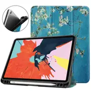 For iPad Air 10.9in (2020) Case, Drawing PU Leather Cover, 3-Fold Stand, Sleep/Wake Function, Pen Slot, Apricot Flower