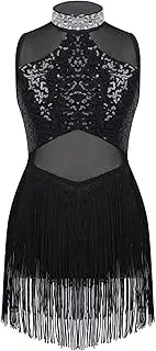 [Jugaoge] Kids Girls Shiny Sequins Sleeveless Tassel Latin Dance Dress Contemporary Jazz Salsa Tango Dancewear Costume