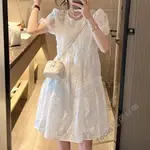 白色洋裝👗重工釘鉆泡泡袖白色連衣裙夏法式甜美仙女寬松高腰娃娃裙氣質高端夏天洋裝 氣質 顯瘦 連衣裙 白色裙子 長裙