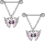 [Niaspi] 14G Butterfly Dangle Nipple Bars Rings for Women Surgical Steel Pink Enameled Butterflies Tassel Chain Dangling Nipplerings Nipple Studs Cubic Zirconia Dainty Piercing Barbell Body Piercing Jewelry,