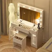 Advwin Dressing Table with Large Mirror and Lights, Glass Tabletop Makeup Vanity Desk with Power Outlet for Bedroom, 3 Color Lighting Modes with 11 Bulbs, White Vanity Set for Women, Girls