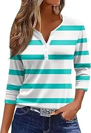 [Valtorixia] 3/4 Length Sleeve Women Henley V Neck Tops Casual Length Button Down Shirt Floral Print Blouses Plus Size Trendy Comfy Tees (color-b-36,Medium)