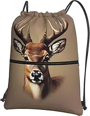 EdWal Deer Head Printing Print Drawstring Backpack Gym Bags Sports Bags With Zipper Pocket For Travel Swimming Beach, Black, One Size