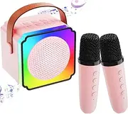 Karaoke Machine for Kids Adults, Mini Karaoke Machine with 2 Wireless Microphones, Portable Bluetooth Karaoke Machine for Boys Girls 3-12 Year Old for Party/Outdoor/Travel/Christmas/Birthday (Pink)