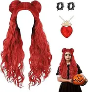 Rise Of Red Wig With Buns And Red Necklace Earrings | Red Wig Costume From Descendant 4,Red Rise Costume Decoration Wavy Hair Halloween Red Wig,Red Wavy Hair Wigs For Girls Halloween Cosplay