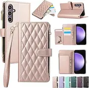 [ELEPIK] for Samsung Galaxy S23 FE Case, Adjustable Crossbody Wallet Case with Card Holder, Kickstand, Wristlet for Women Men, Durable PU Leather Magnetic Phone Case for Galaxy S23 FE, Pink