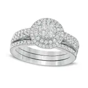 1.0 CT. T.W. Composite Natural Diamond Double Frame Antique Vintage-Style Three Piece Bridal Engagement Ring Set in Solid 10K White Gold