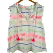 Vineyard Vines Guava Multi Stripe Ruffle Top Popover Blouse Shirt White SZ L New