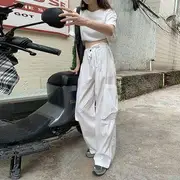 Drawstring High-Waist Straight-Cut Cargo Pants White - S